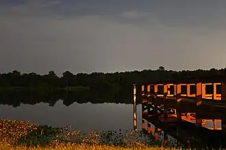 Night view of lake dock illuminated by full moon and streetlight