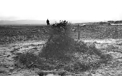 Gusher after the well had partially subsided, the derrick removed, and the well surrounded by a sandbag berm