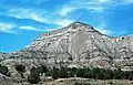Landslide on the south-southeastern face of Mt. Logan. The mountain is capped by Uinta Formation sedimentary rocks, and the slopes consist of the Green River Formation (both Eocene in age).