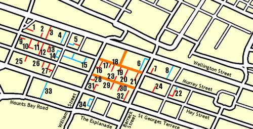 Lanes, arcades and pedestrian malls documented by City of Perth in 2007. Privately owned portions shown in red, portions owned by city shown in blue.