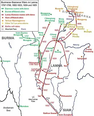 Burmese–Siamese Wars in Lanna in 1797–1798, 1802–1803 and 1804 Siamese invasions of Chiang Tung (1802) and Chiang Hung (1805) Green depicts the Burmese. Red depicts the Siamese.
