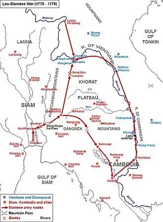Blue represents Vientiane and Champasak. Red represents the Siamese and allies.