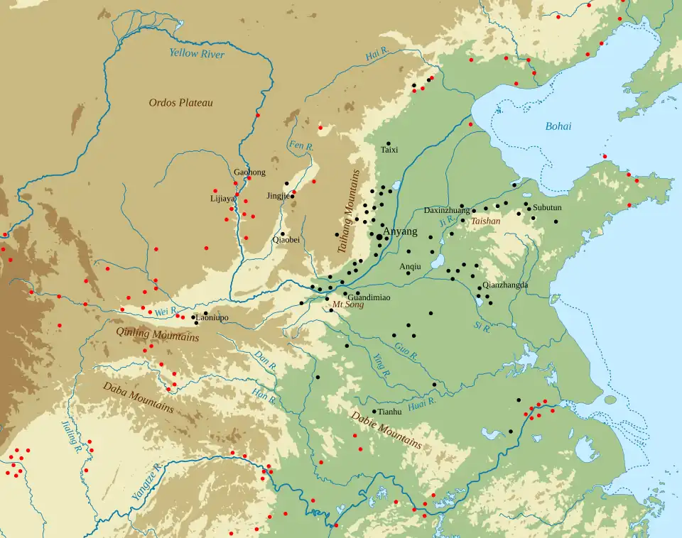 Physical map, showing earlier coastline and river courses, with point markers for sites