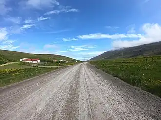 A gravel road between two green fields, with a farm on the left side of the road in the distance.