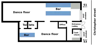 An illustration of the layout of the Stonewall Inn in 1969:. The floor layout is rectangular, with the front of the inn along Christopher Street. The entrance opens to a lobby where patrons could go to the larger part of the bar to the right that also featured a larger dance floor. From that room was an entrance to a smaller room with a smaller dance floor and smaller bar. The toilets are located near the rear of the building