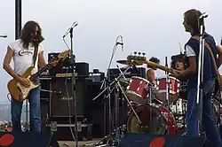 Leño playing live in 1981. From L-R: Rosendo Mercado (guitar), Ramiro Penas (drums) and Tony Urbano (bass).