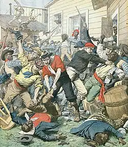 Engraving of a large group of men rioting and fighting