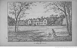 A black-and-white sketch of a small palace in the forest