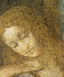 Very worn painting. Head of a figure with a bowed face and long blond hair.