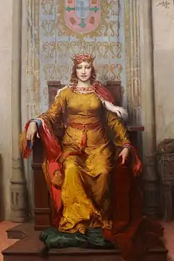 Painting of Queen Leonor wearing a golden gown and seated on a throne