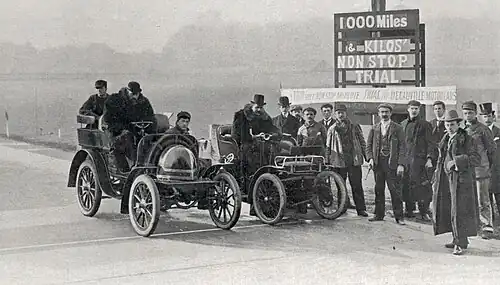Two Decauvilles at the start of the 'One Thousand Miles' from London, on the Crystal-Palace track in April 1900