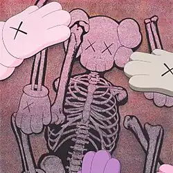 A grainy, cartoon-styled, pink-tinted drawing of a creature's disjointed skeleton with the eyes crossed out. Various gloves are scattered around. Designed by Kaws.