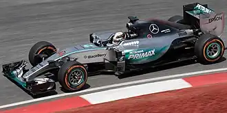 Lewis Hamilton driving the Mercedes F1 W06 Hybrid at the 2015 Malaysian Grand Prix.