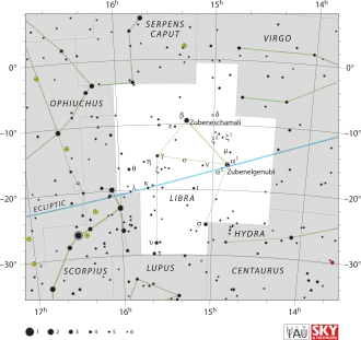 Diagram showing star positions and boundaries of the Libra constellation and its surroundings