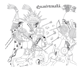 Line drawing of a conquistador on horseback charging to the right accompanied by two native warriors on foot in feathered battledress. On the right hand side more simply dressed natives shoot arrows at the attackers.