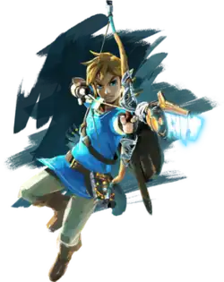 Artwork of Link dressed in a blue tunic and shooting an arrow