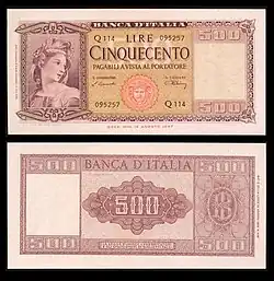500 lire – obverse and reverse – printed in 1947