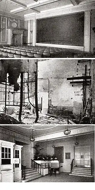 three interior shots of a small theatre showing neo-classical-style decor in the first and third and a bombed-out interior in the second