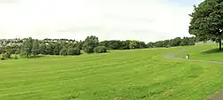 a grassy hillside with trees and houses in the distance