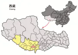 Location of Sa'gya County (red) within Shigatse City (yellow) and the Tibet AR