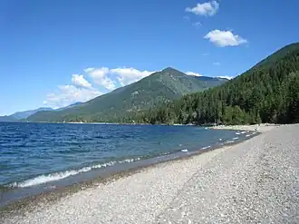 A pebble beach along a lake with a tree-covered mountain in the background