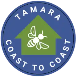 Logo showing a white bee on a green arrow on a blue circular background with name of trail