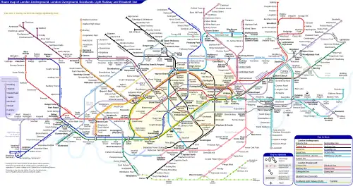 Transit map, a schematic map (i.e. not drawn to scale, stations are equidistant, lines are drawn at 45 and 90-degree angles)