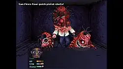 An image featuring Look Outside's combat, showing three grotesque enemies standing in the middle of the screen, an info box showing a character named Sam and their stats such as health and stamina, and upper text detailing Sam's actions.