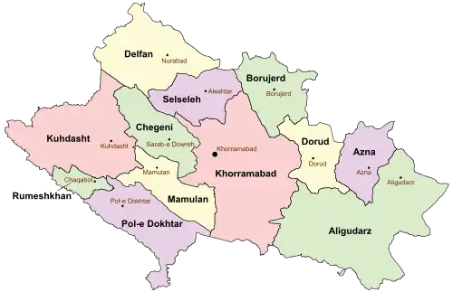 Location of Selseleh County in Lorestan province (top, purple)