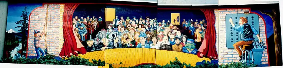 Lost mural painted by Bob Gardiner on exterior wall of a Portland repertory theater no longer in business, circa early 1980s.
