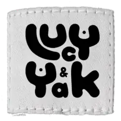 Lucy & Yak's logo, a white square patch with stitches round the side, with "Lucy & Yak" in a curvy and playful black font