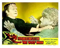 Re-release lobby card for Frankenstein Meets the Wolf Man (1943) with Bela Lugosi and Lon Chaney Jr.