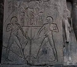 Low relief within a sunk outline, linear sunk relief in the hieroglyphs, and high relief (right), from Luxor