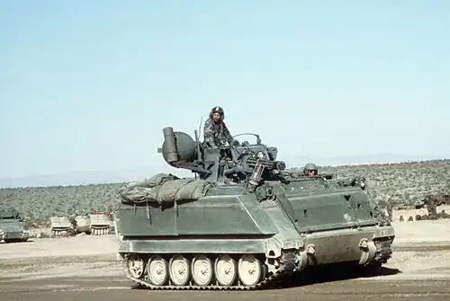 An M163 Vulcan anti-aircraft gun system vehicle returns to the vehicle staging area after an exercise at the National Training Center in Fort Irwin, California.
