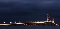 Night photograph of the Mackinac Bridge