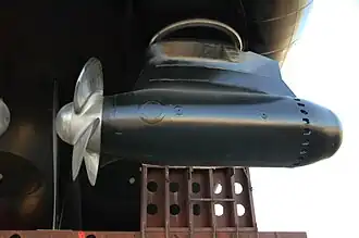 Closeup of one of the ship's Azipods.