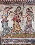 4th century A.D. Mosaic from the city of Augusta Traiana showing maenads dancing with Dionysus, playing krotalum and cymbalum (finger cymbals) .