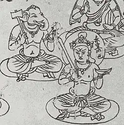 Two-armed Mahākāla (lower right) holding a sword and a skull cup
