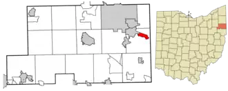 Location of Lowellville in Mahoning County, Ohio.