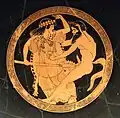 Image 23Silenus and maenad. Tondo of an Attic red-figure kylix, ca. 480 BC. From Vulci, ancient Greece