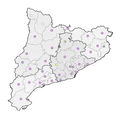 Shows an outlined map of the judicial capitals in Spain that are colour coordinated according to who won the majority of seats. Republicans won the majority of the capitals and they are coloured in purple.