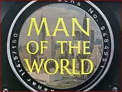 Series title superimposed on a camera lens with a view of New York