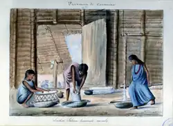 An 1856 watercolor by Manuel María Paz shows cassava bread being prepared by members of the Saliva people in Casanare Province