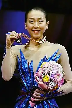 Mao Asada during the ladies medals ceremony at the 2014 World Championships. She won the gold medal at this competition.
