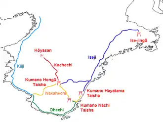 A map showing the main routes of the Kumano Kodo across the Kii Peninsula of Japan.