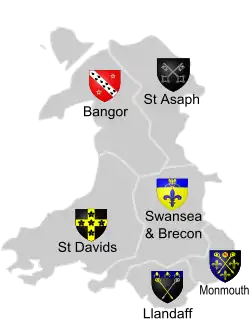 Map of the dioceses of Wales. Archbishops of Wales are chosen from among the Bench of Bishops. Their Diocesan See becomes the Archiepiscopal See upon their Enthronement.