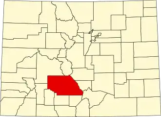 Map of Colorado highlighting Saguache County