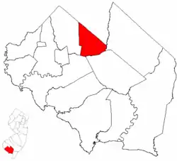 Location of Deerfield Township in Cumberland County highlighted in red (right). Inset map: Location of Cumberland County in New Jersey highlighted in red (left).