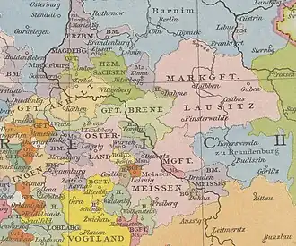 Duchy of Saxe-Wittenberg (green, centred on the town of Wittenberg)