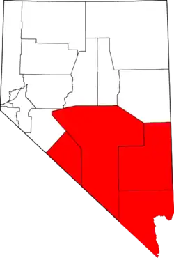 The counties most commonly associated with Southern Nevada with Mineral County not shown in red